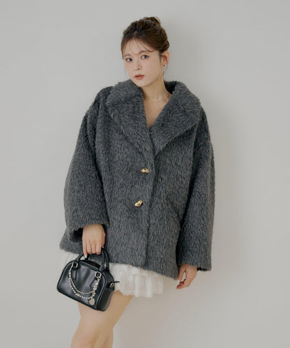 金屬紐扣毛絨中長款夾克大衣