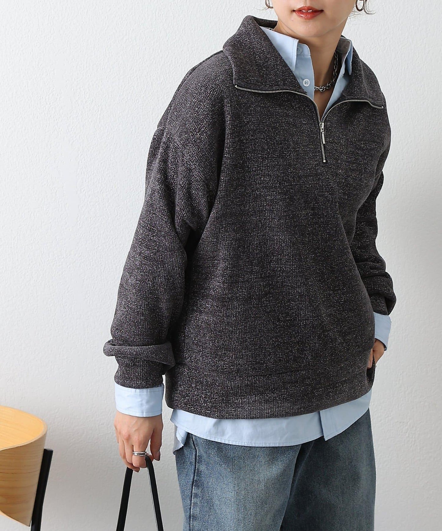 亮片紗半拉鍊套頭衫