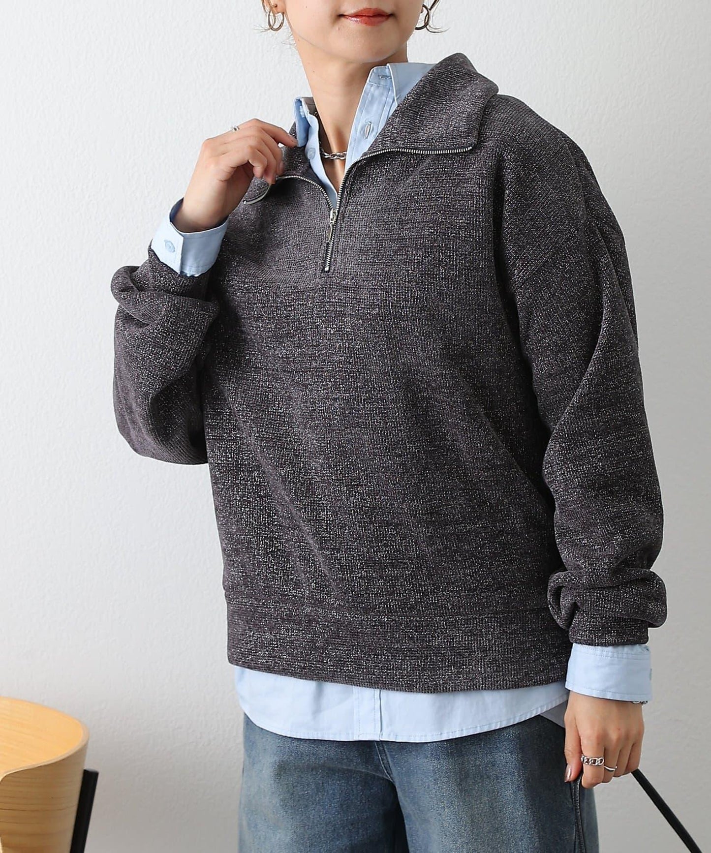 亮片紗半拉鍊套頭衫