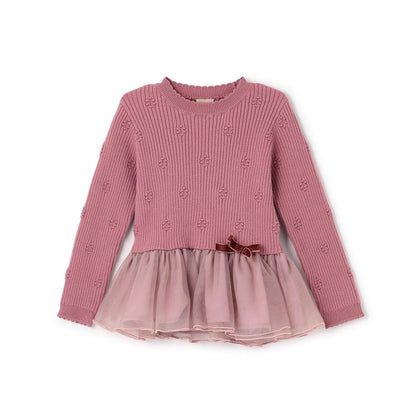 【柔軟蓬鬆】針織荷葉邊網紗下襬長款上衣