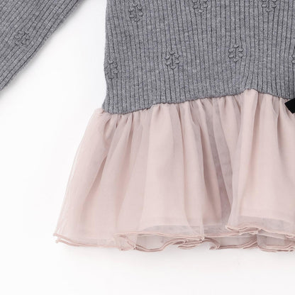 【柔軟蓬鬆】針織荷葉邊網紗下襬長款上衣