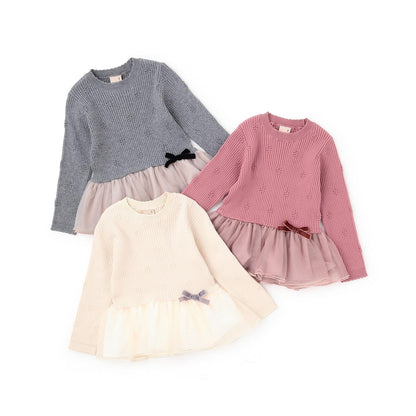 【柔軟蓬鬆】針織荷葉邊網紗下襬長款上衣