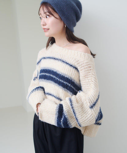 【Kastane】條紋仿馬海毛針織衫