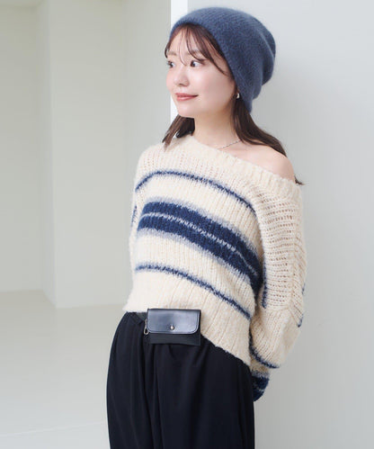 【Kastane】條紋仿馬海毛針織衫