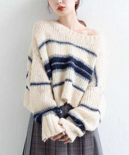 【Kastane】條紋仿馬海毛針織衫