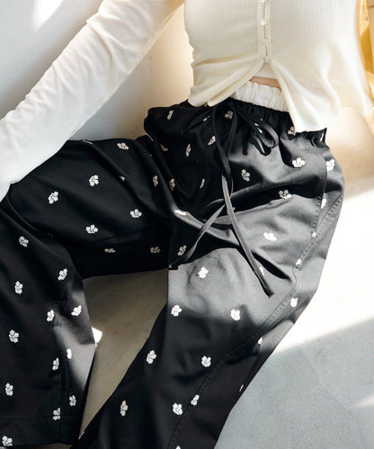 花卉刺繡寬腿褲