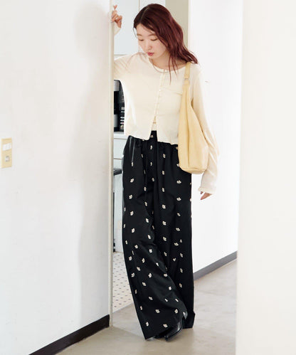 花卉刺繡寬腿褲