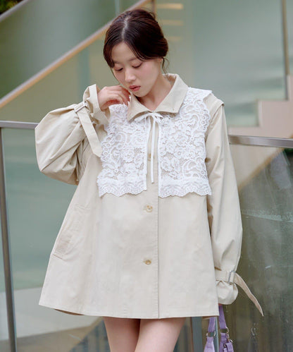 帶蕾絲裝飾喇叭袖風衣