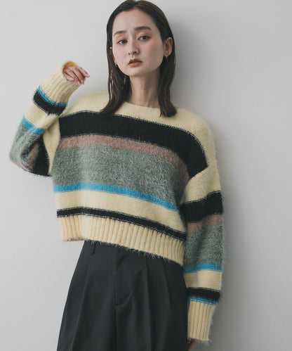 可水洗拼色條紋長毛針織衫