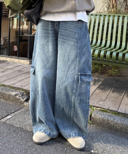 【UNISEX】泡泡廓形工裝牛仔褲