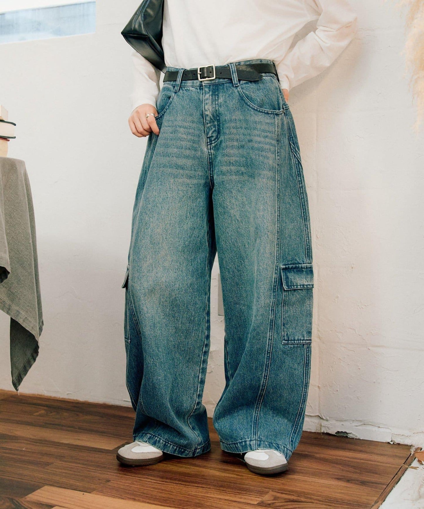 【UNISEX】泡泡廓形工裝牛仔褲