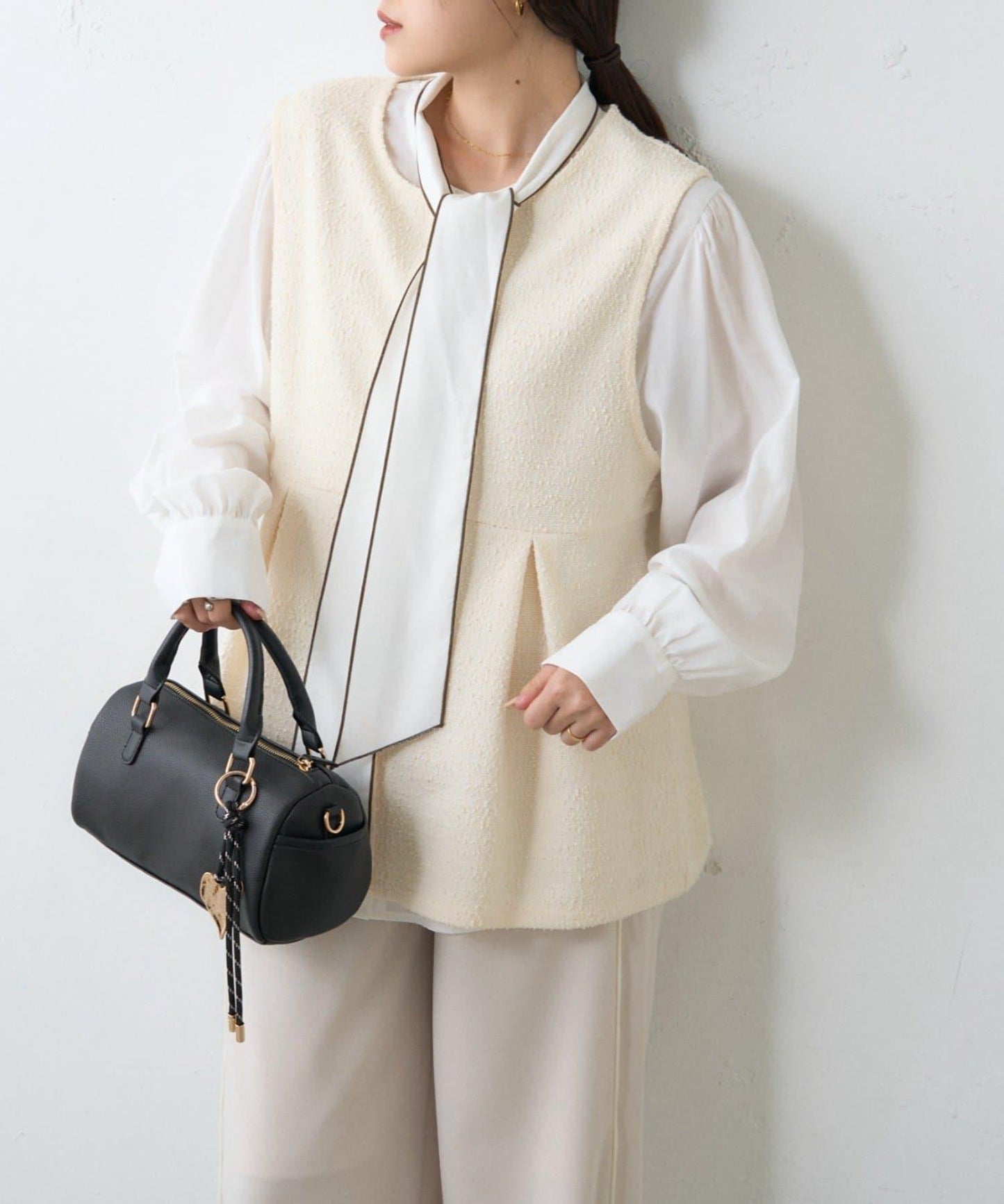 【場合】帶粗花呢馬甲拼接滾邊長褲