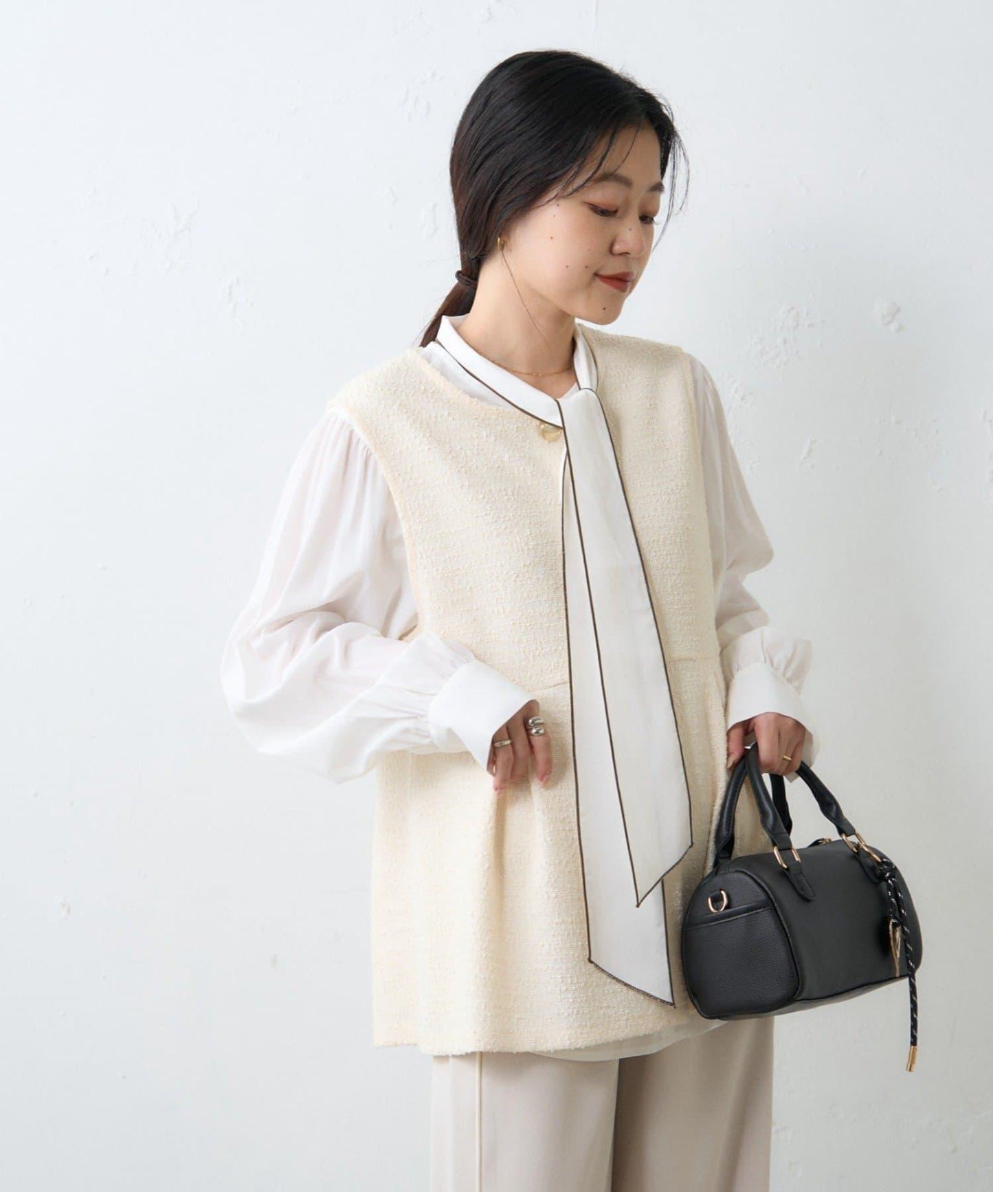 【場合】帶粗花呢馬甲拼接滾邊長褲