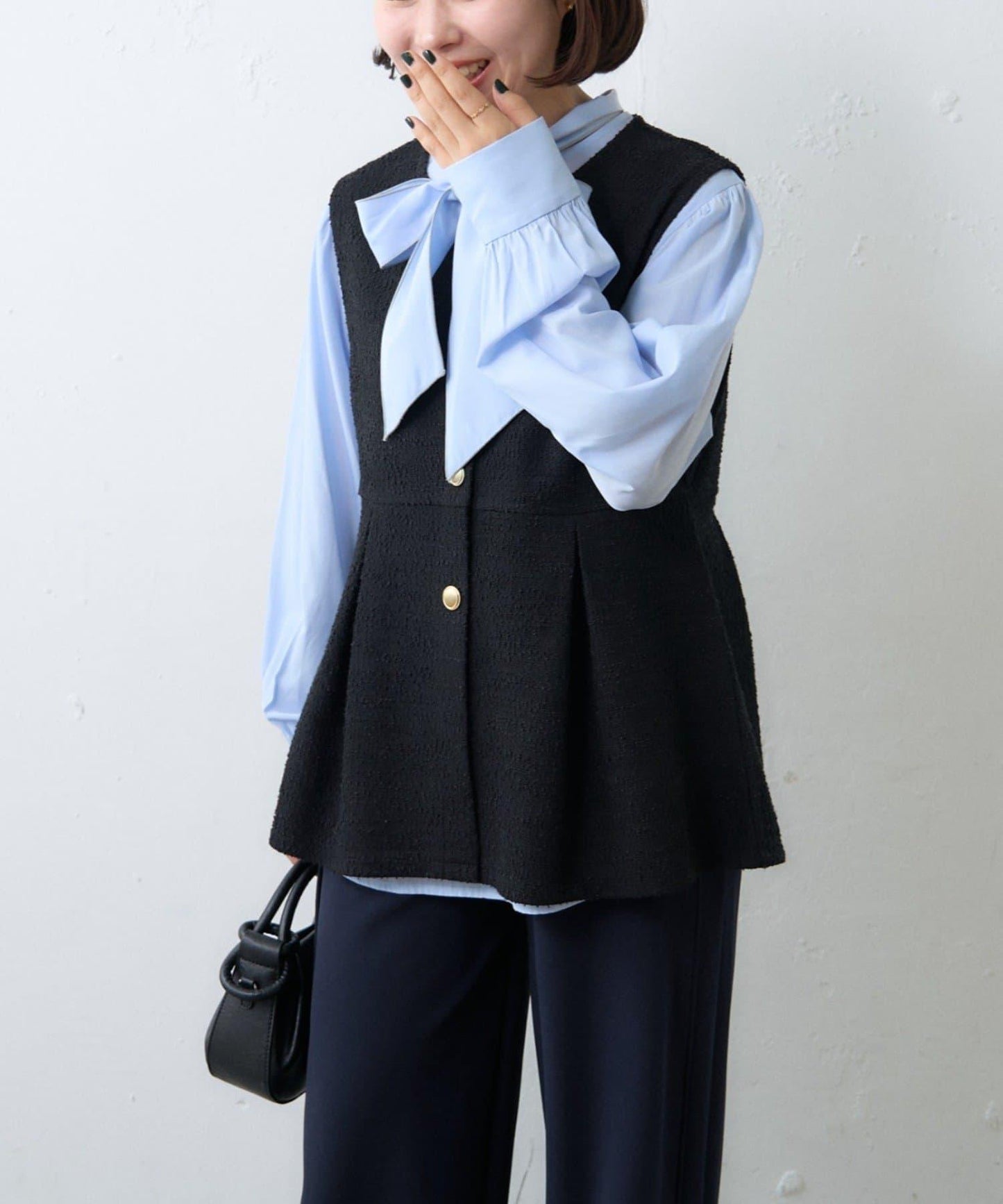 【場合】帶粗花呢馬甲拼接滾邊長褲