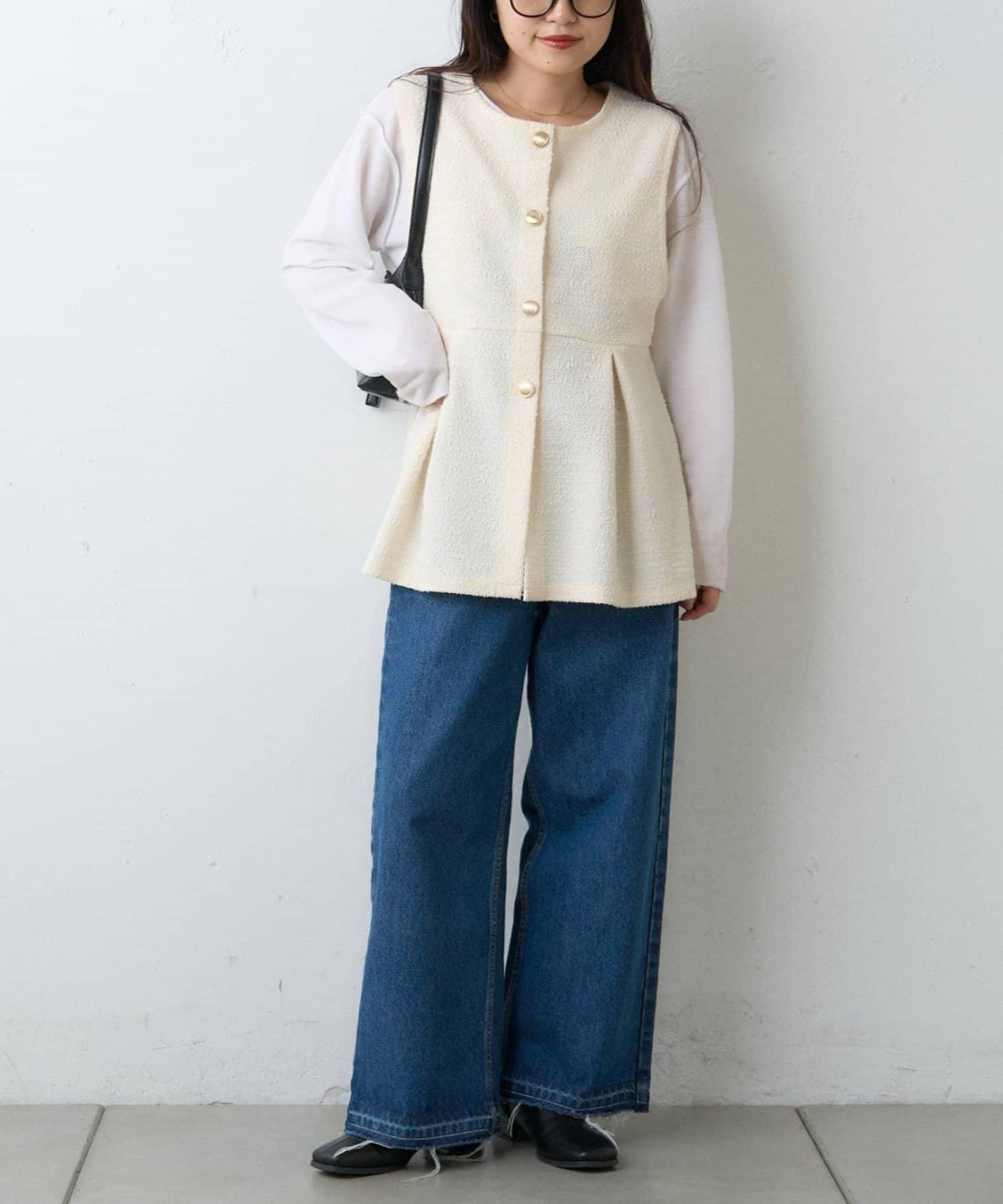 【場合】帶粗花呢馬甲拼接滾邊長褲