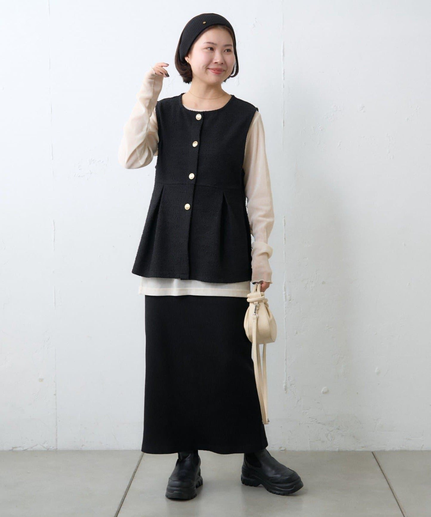 【場合】帶粗花呢馬甲拼接滾邊長褲