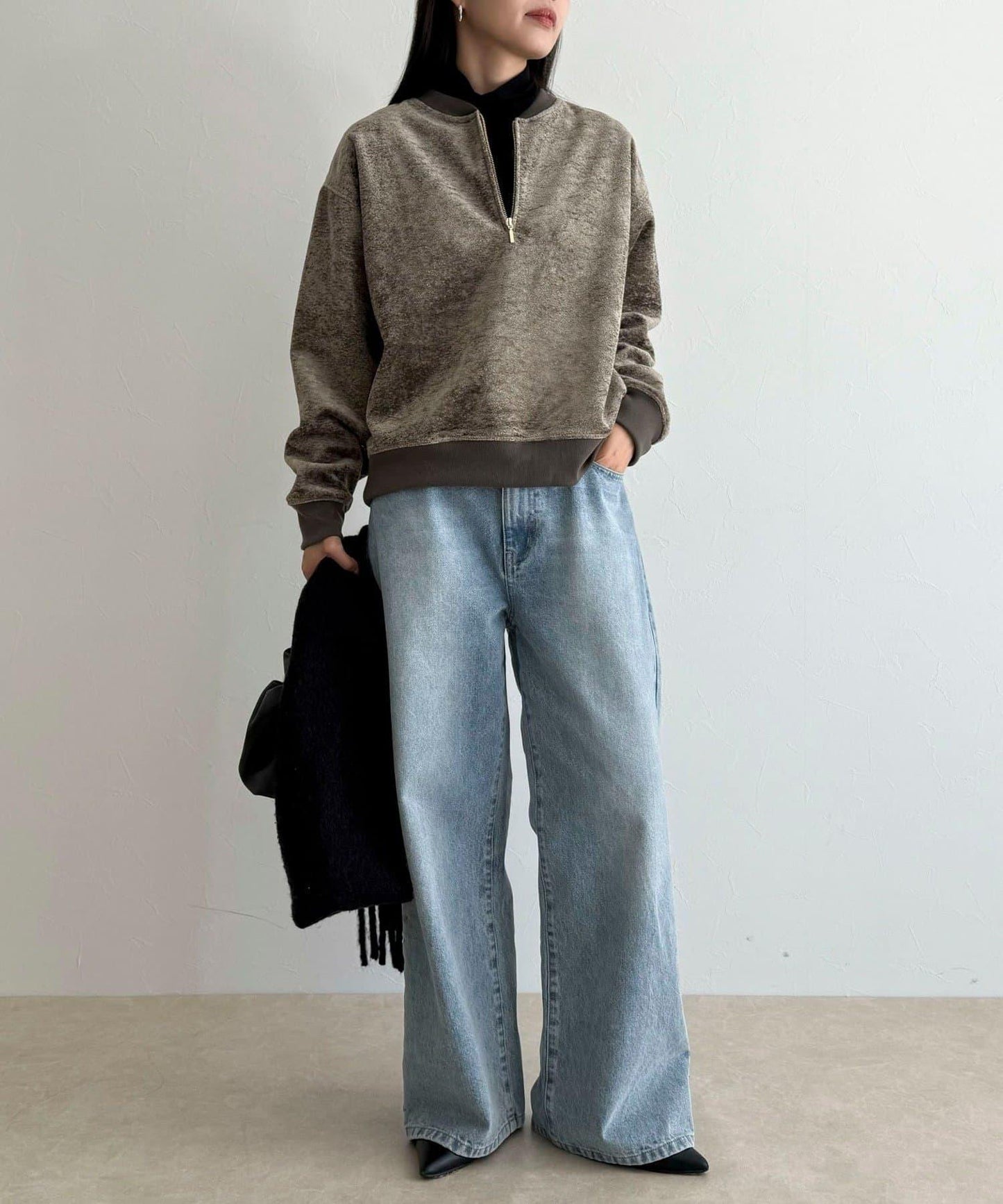 毛圈針織半拉鍊套頭衫