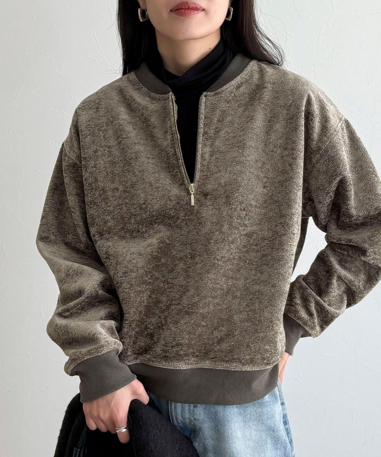 毛圈針織半拉鍊套頭衫