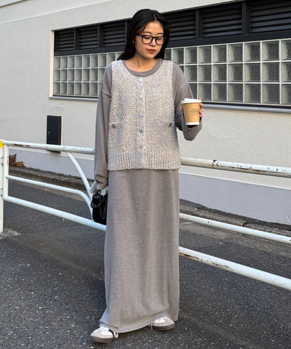 銀色紐扣粗花呢針織馬甲