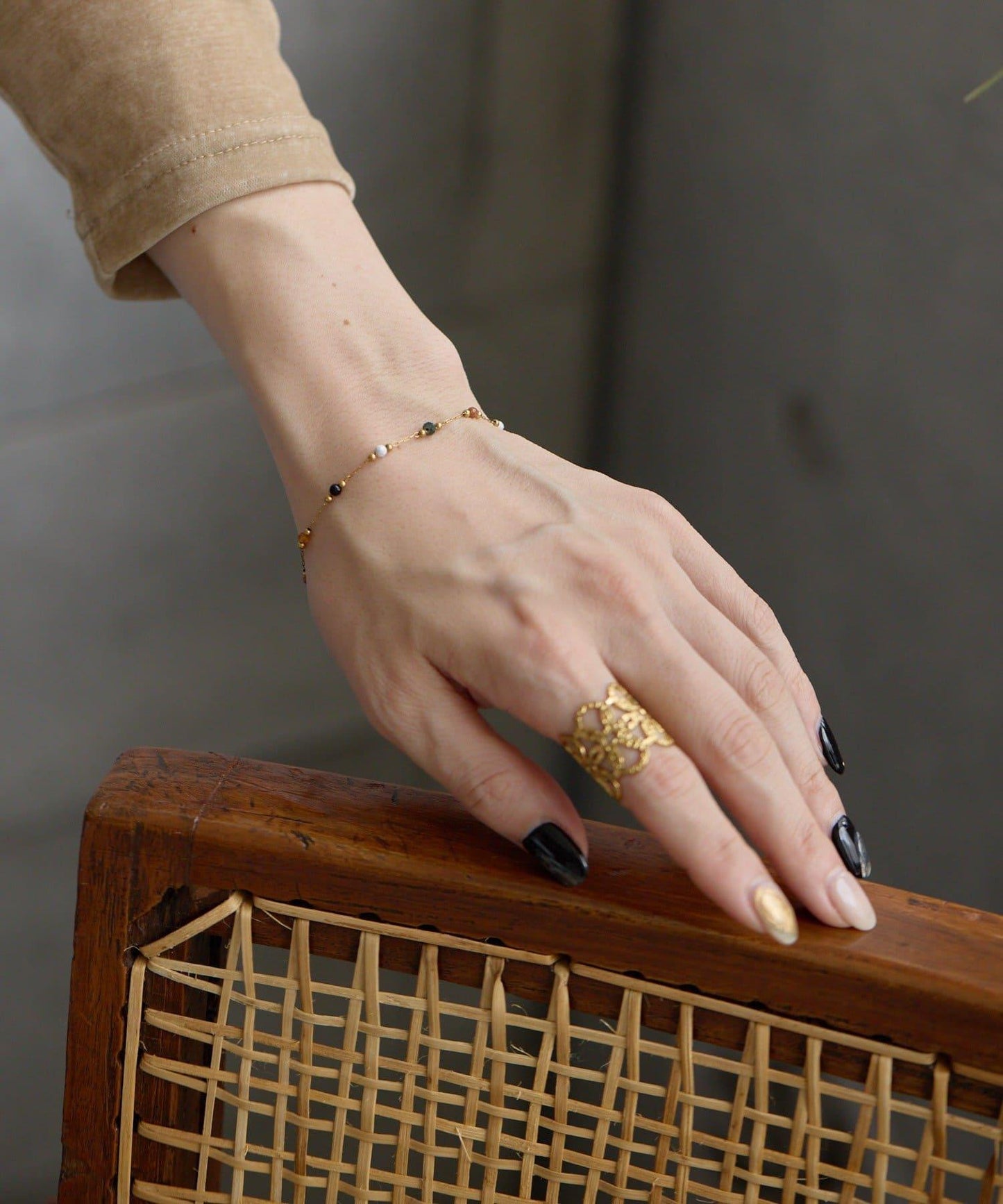 金屬過敏適用/不鏽鋼 棕色石手鍊