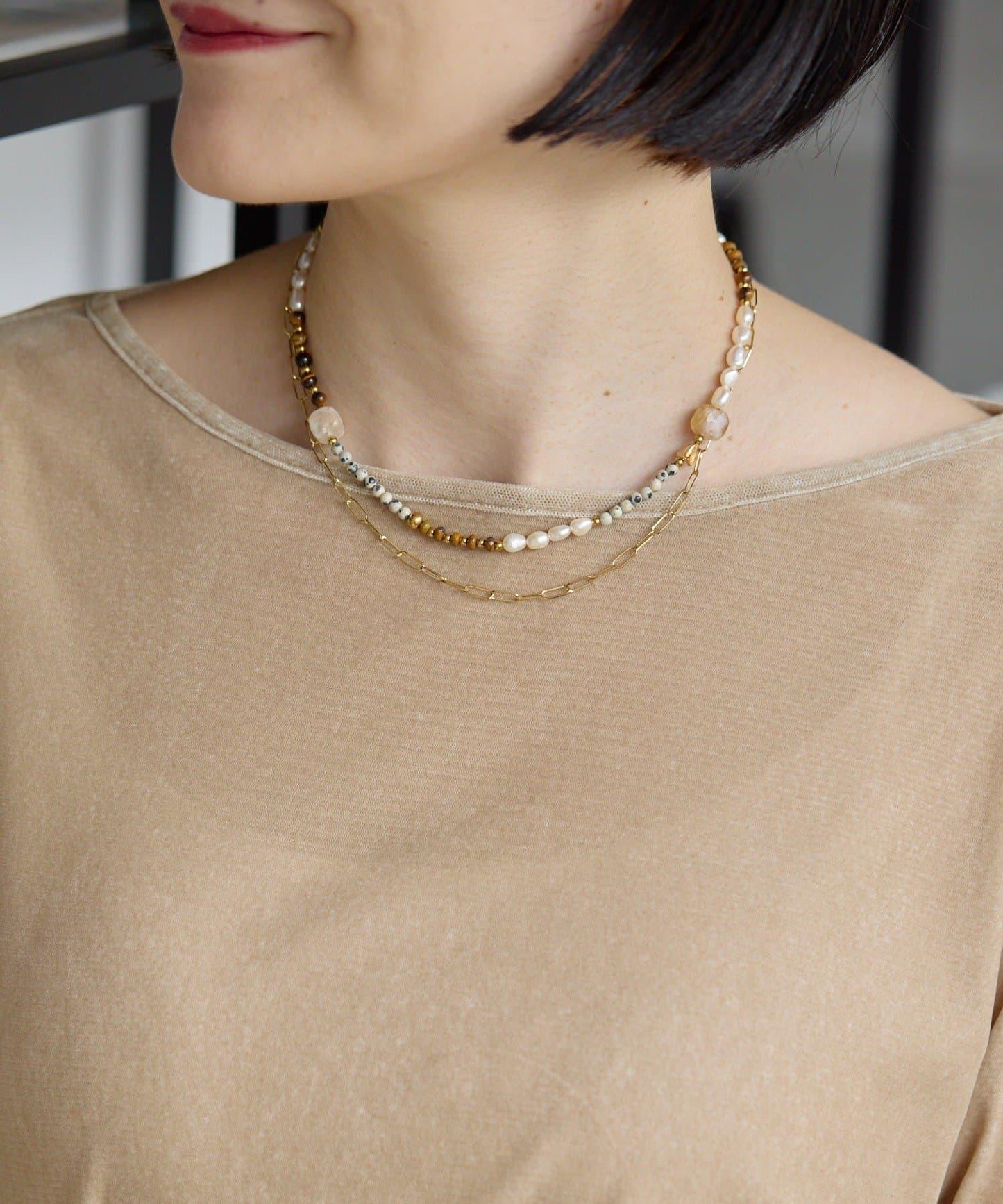 《金屬過敏適用/不鏽鋼》天然石×鏈條套裝項鍊