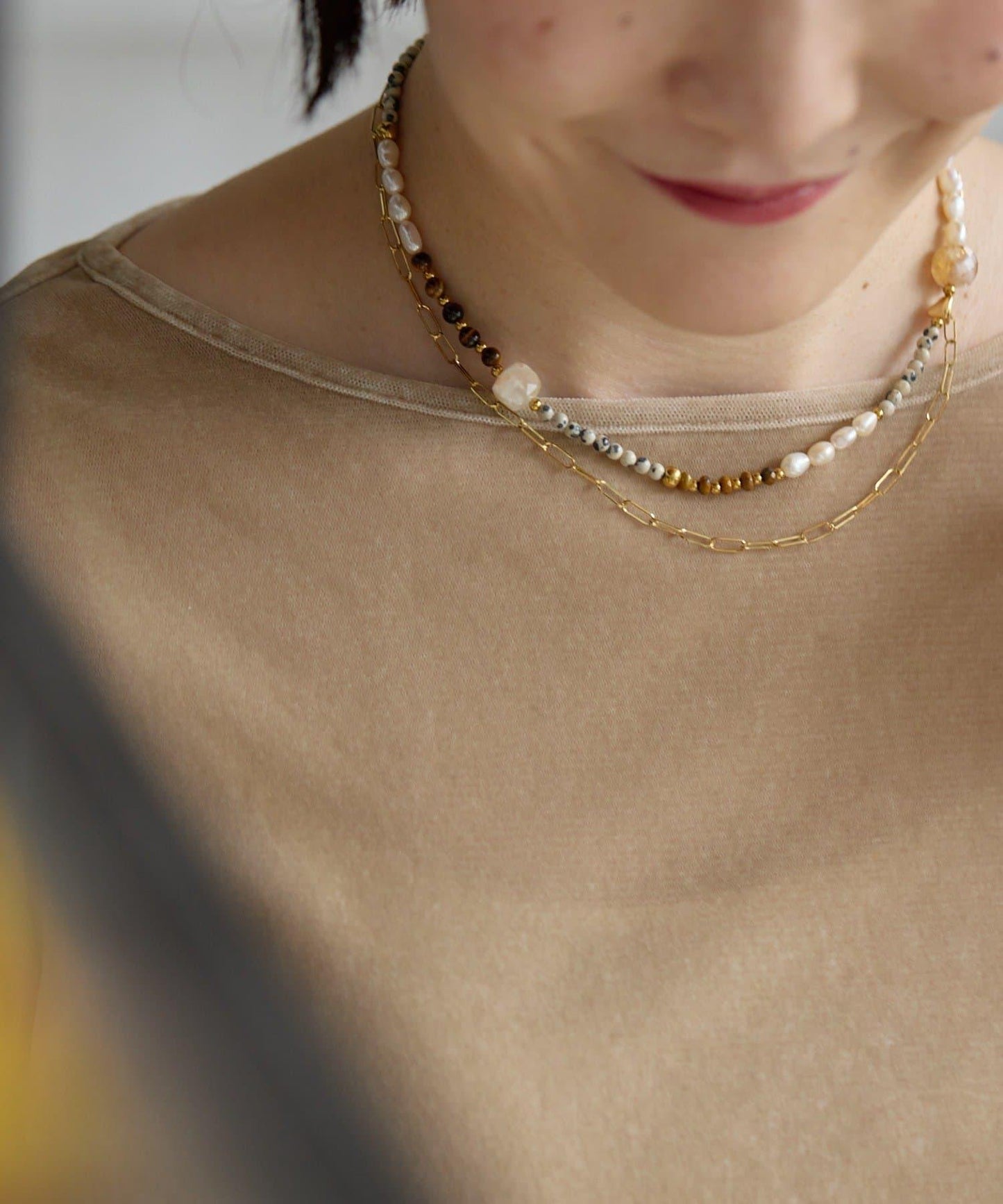 《金屬過敏適用/不鏽鋼》天然石×鏈條套裝項鍊