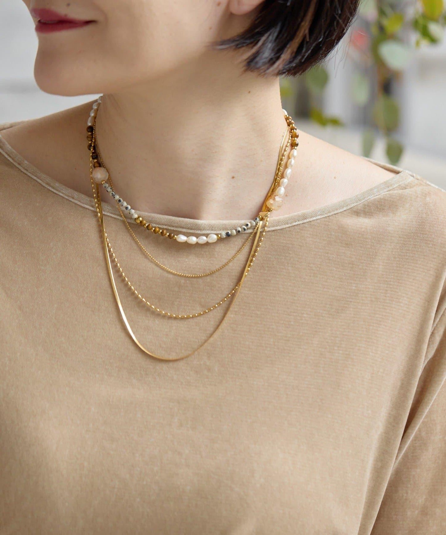 《金屬過敏適用/不鏽鋼》天然石×鏈條套裝項鍊