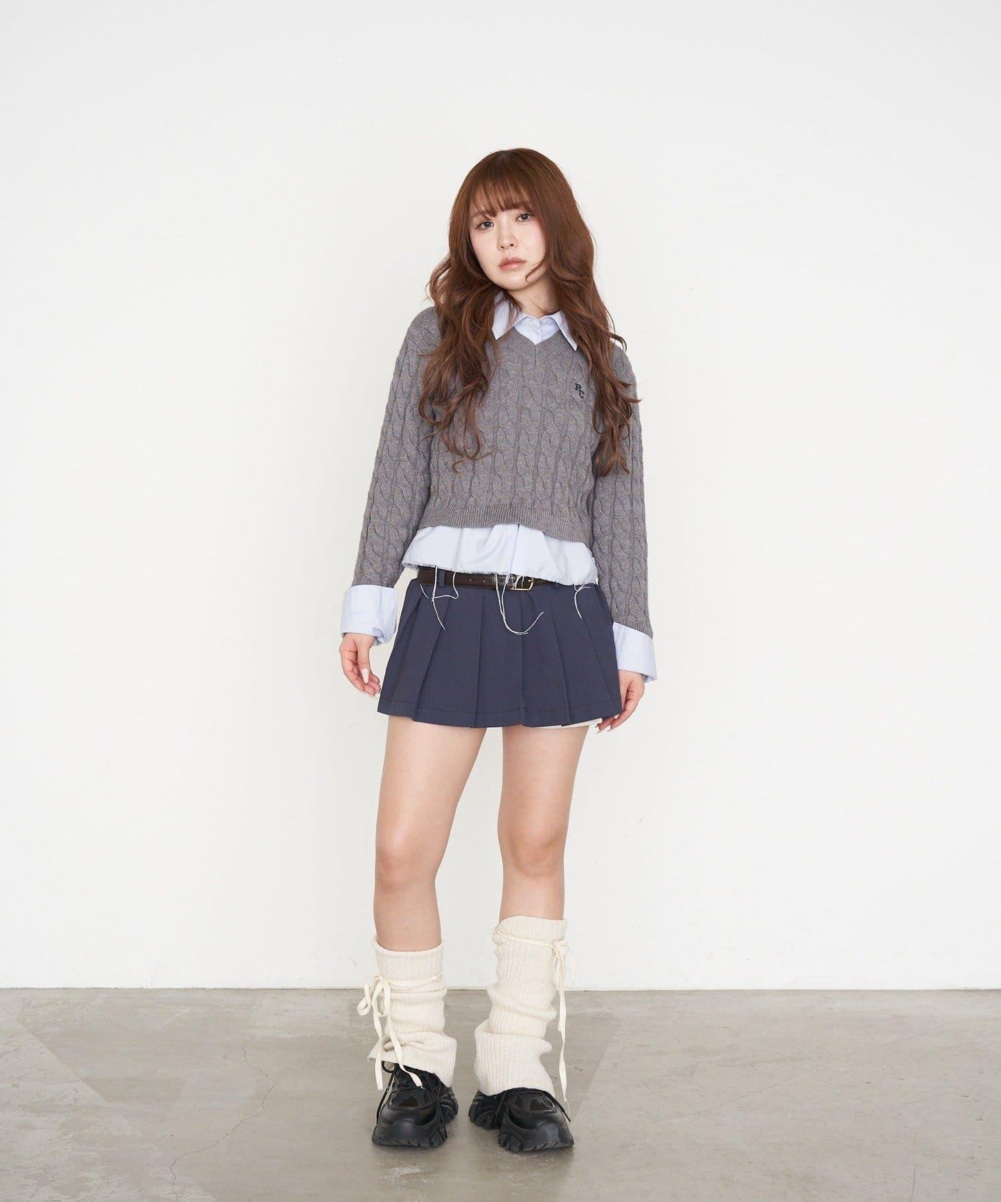 疊搭腰帶褶皺迷你半身裙