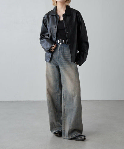 拼接設計寬鬆牛仔褲