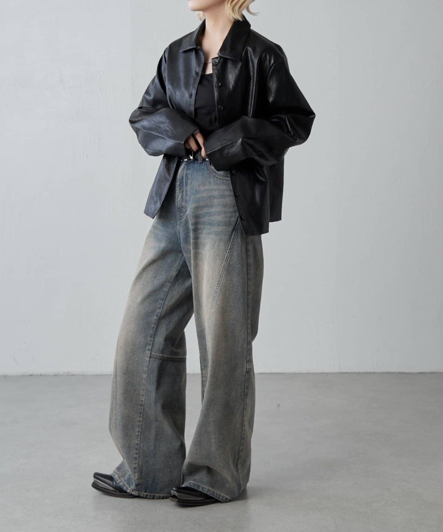 拼接設計寬鬆牛仔褲