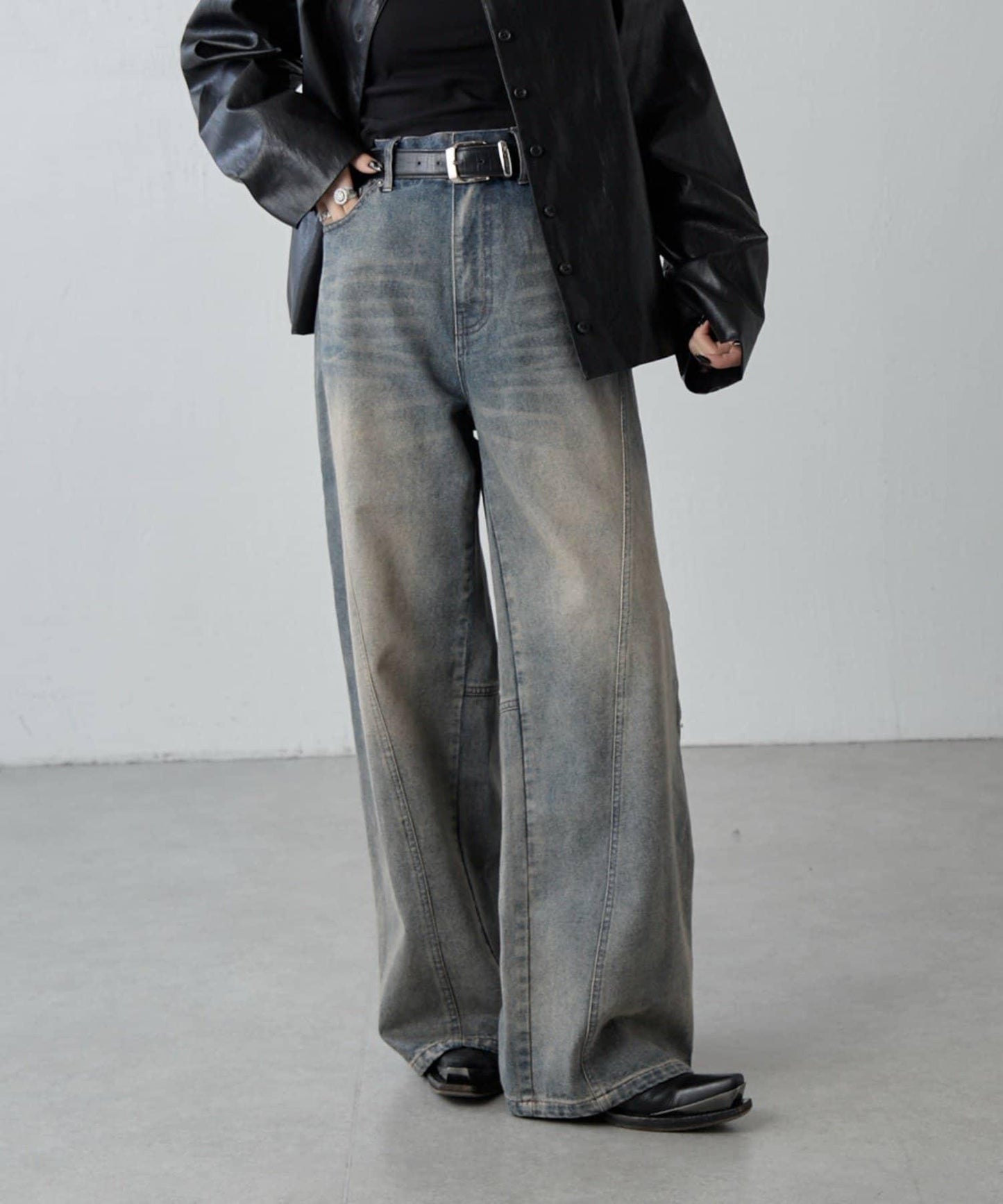 拼接設計寬鬆牛仔褲