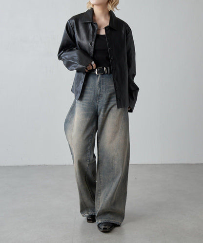 拼接設計寬鬆牛仔褲