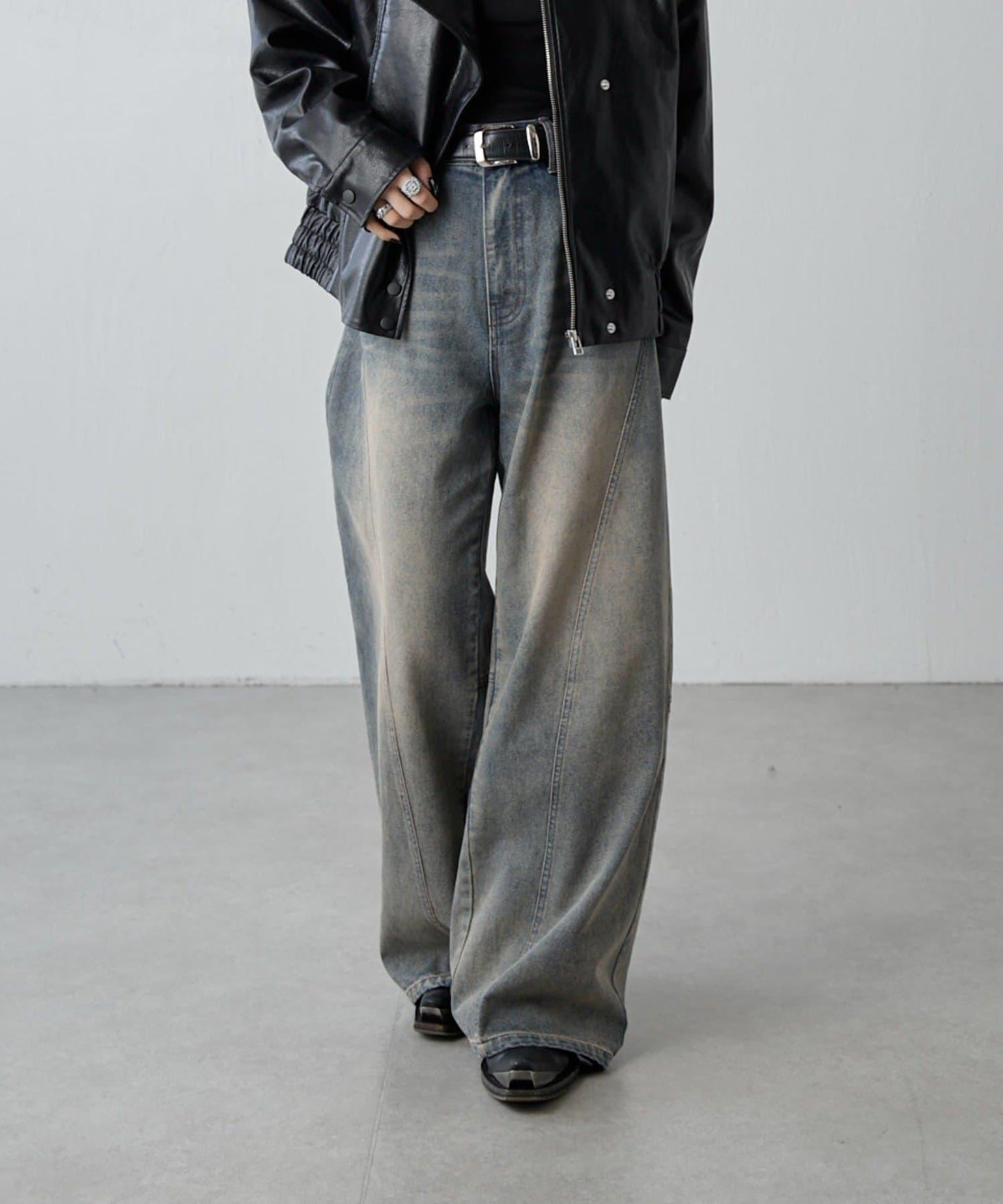 拼接設計寬鬆牛仔褲