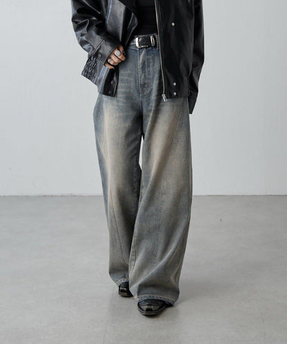 拼接設計寬鬆牛仔褲