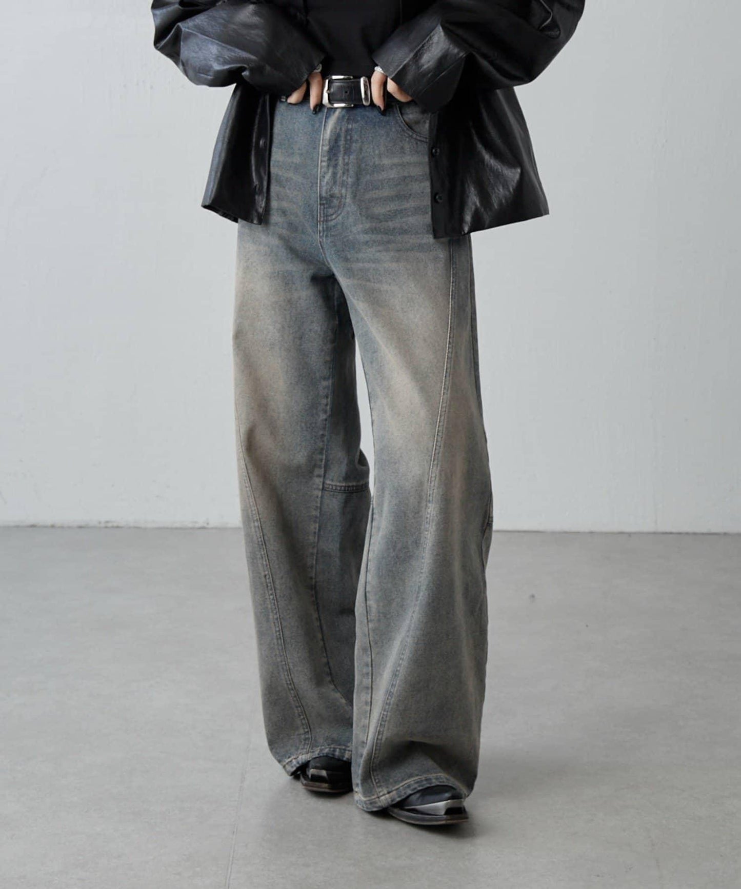 拼接設計寬鬆牛仔褲