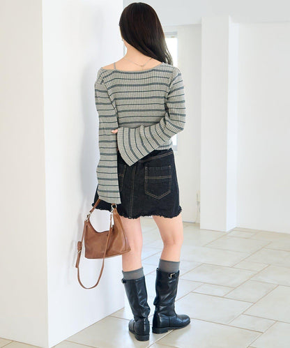 條紋純色 喇叭袖 羅紋 針織上衣