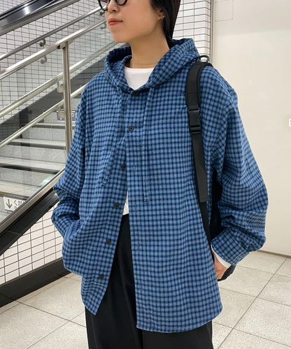 拼色格紋連帽襯衫