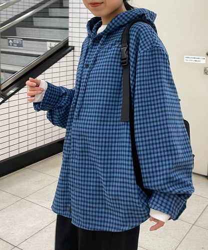 拼色格紋連帽襯衫