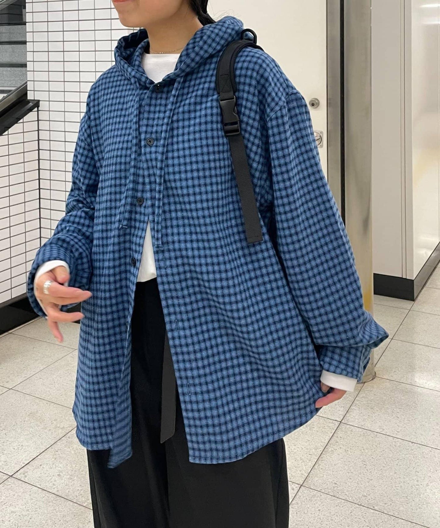 拼色格紋連帽襯衫