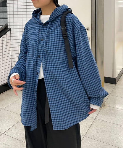 拼色格紋連帽襯衫