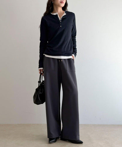 彈力針織 鬆緊腰 前貼袋 工裝褲