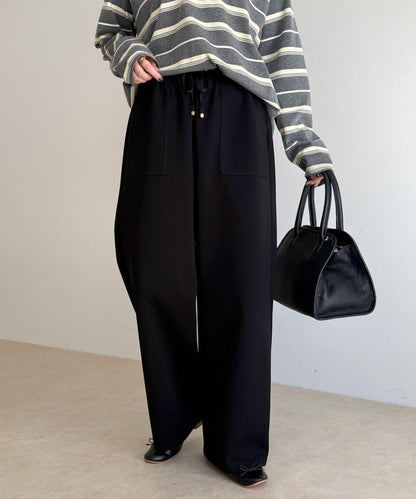 彈力針織 鬆緊腰 前貼袋 工裝褲