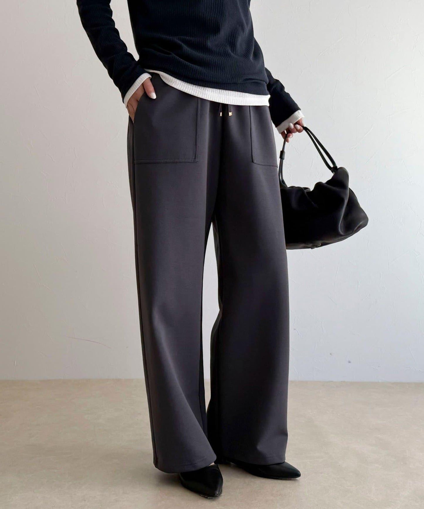 彈力針織 鬆緊腰 前貼袋 工裝褲