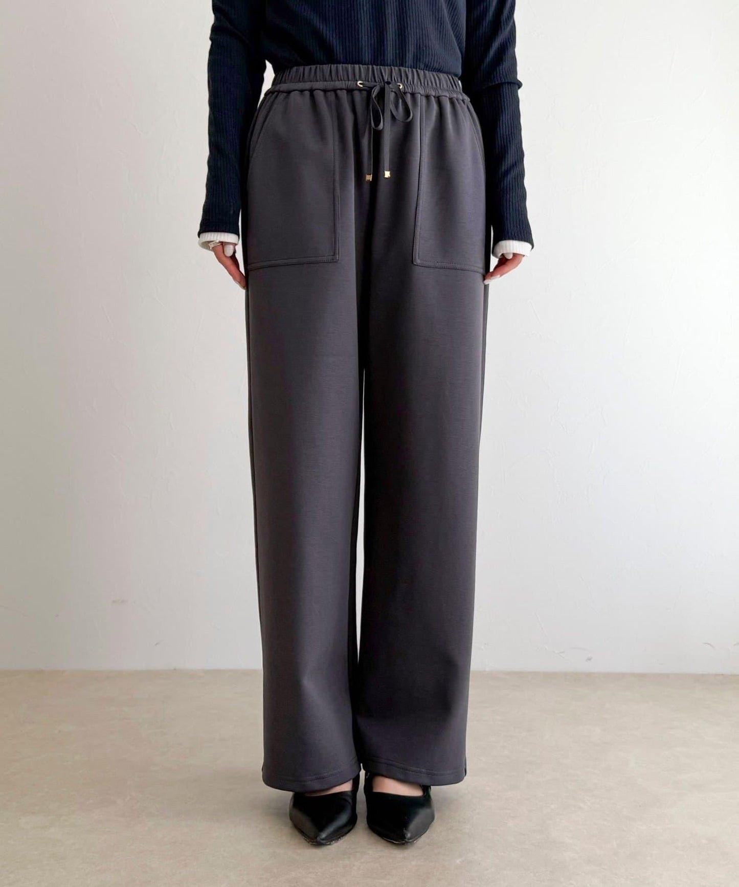 彈力針織 鬆緊腰 前貼袋 工裝褲