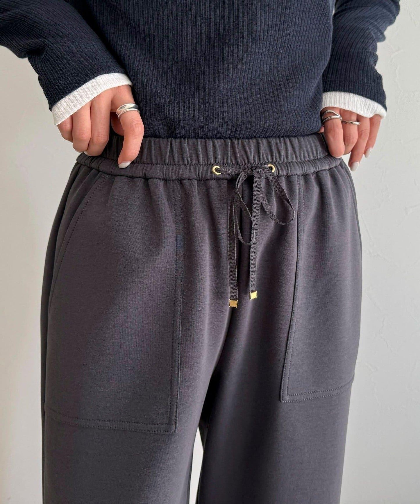 彈力針織 鬆緊腰 前貼袋 工裝褲