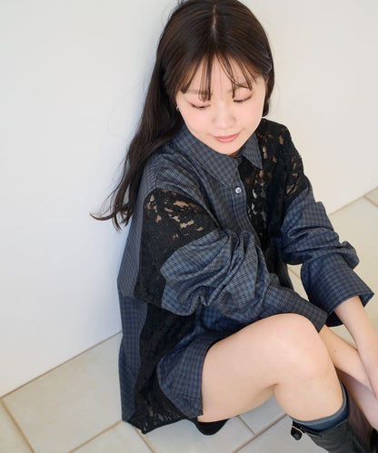拼接蕾絲設計 襯衫