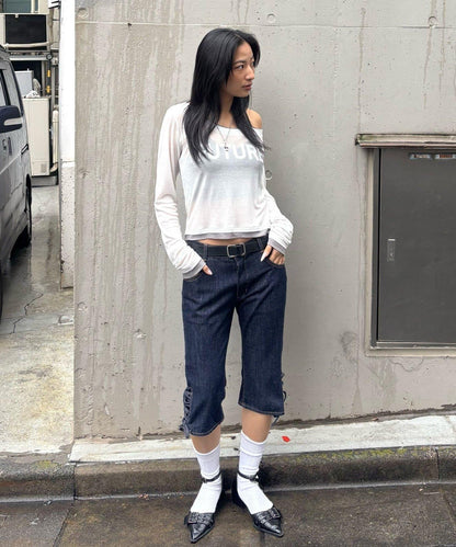 蕾絲繫帶設計 牛仔七分褲