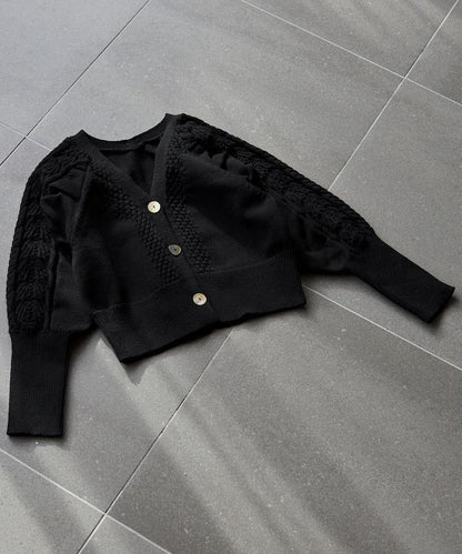 多樣紐扣設計 蓬袖 麻花針織 針織開衫