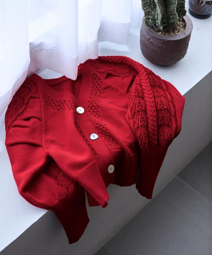 多樣紐扣設計 蓬袖 麻花針織 針織開衫