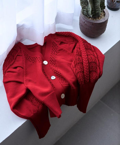 多樣紐扣設計 蓬袖 麻花針織 針織開衫